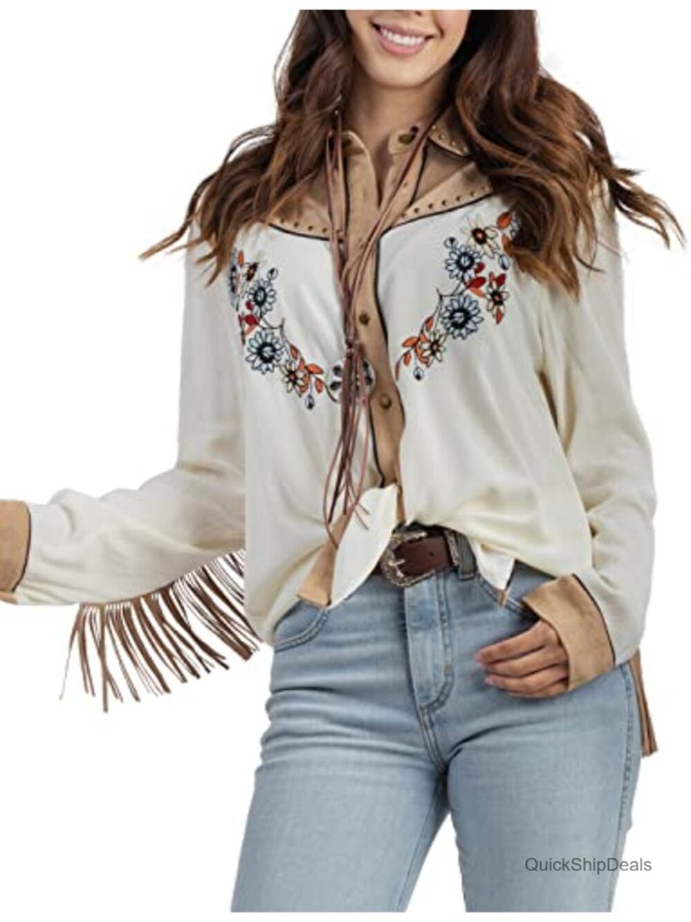 Women's Western Embroidered Snap Shirt Fringe Rayon Cowgirl Concert